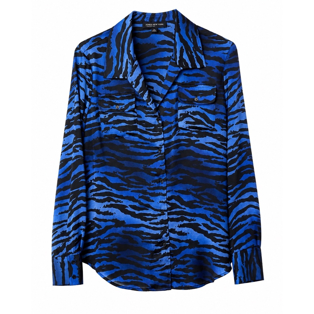 Jones New York Signature Blue Black Zebra Print Button Front Blouse Large